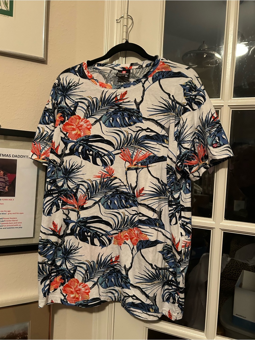 Tropical Floral Pocket T-Shirt - White with Blue & Coral